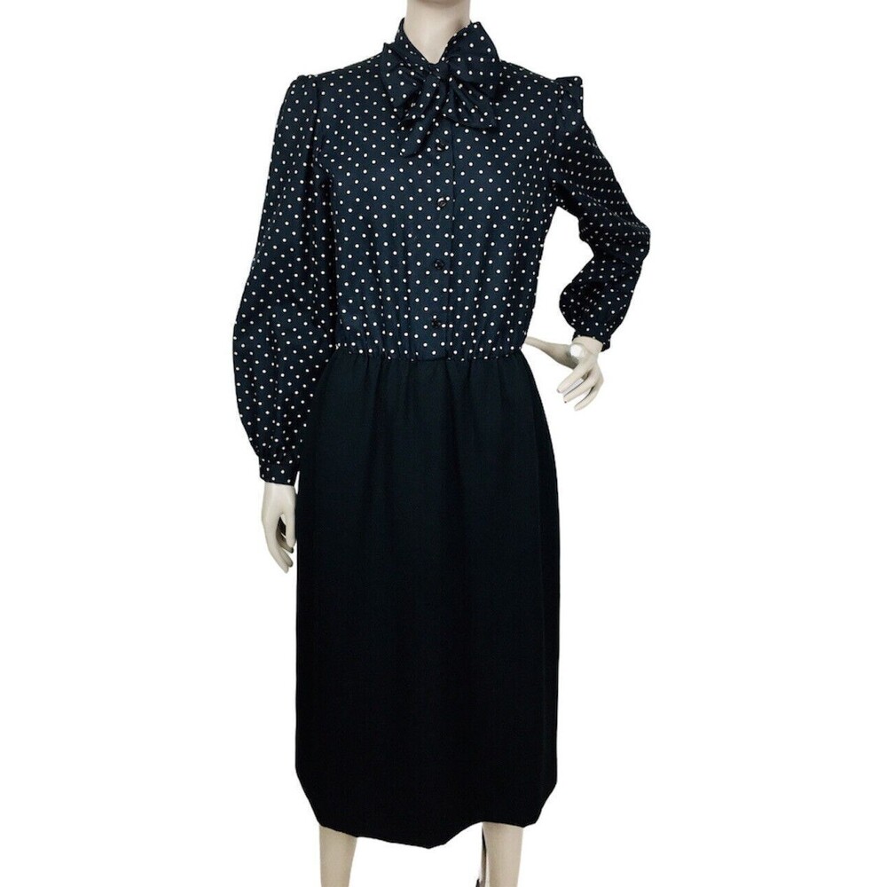 Vintage 70s David Warren Polka-Dot Balloon Puff Sleeve Midi Secretary Dress
